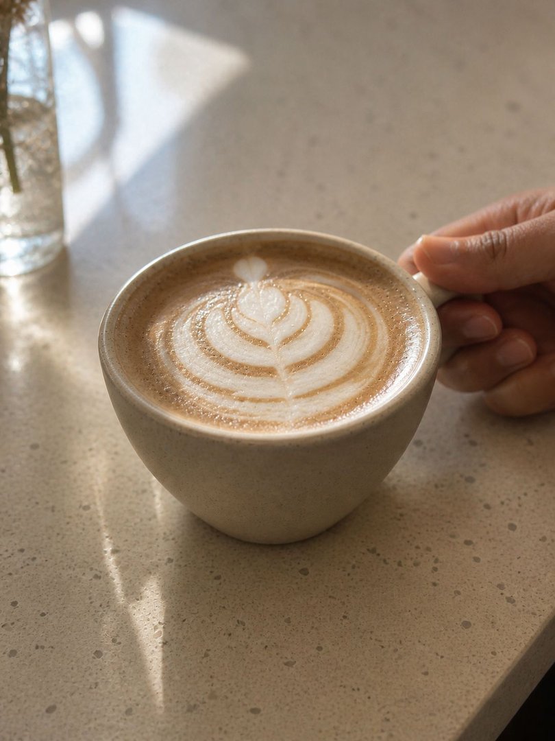 A latte with fern latte art in a speckled cream stoneware cup, held over a terrazzo counter in soft window light.